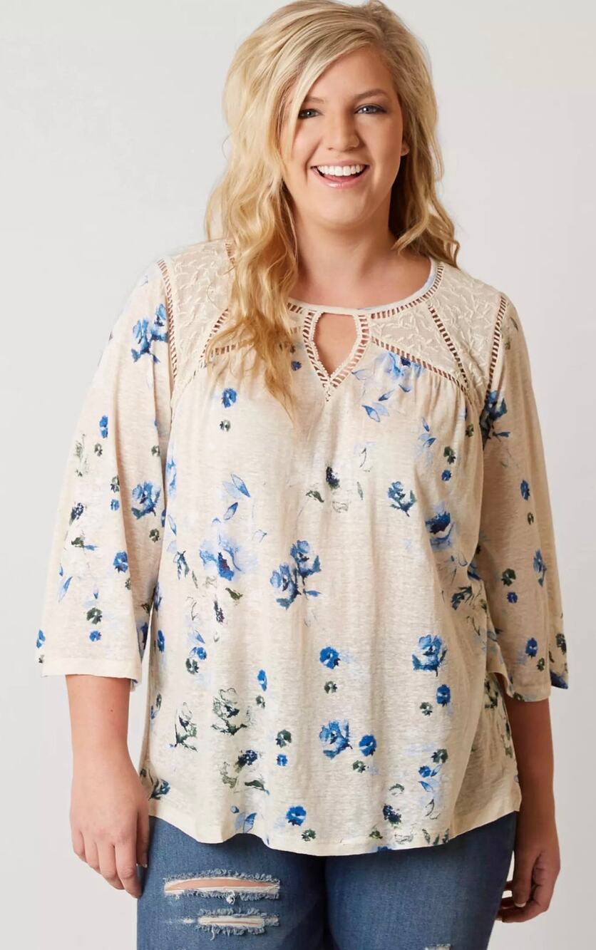 Lucky Brand Floral Peasant Top Womens Size 2X Cream Blue Burnout Knit Blouse